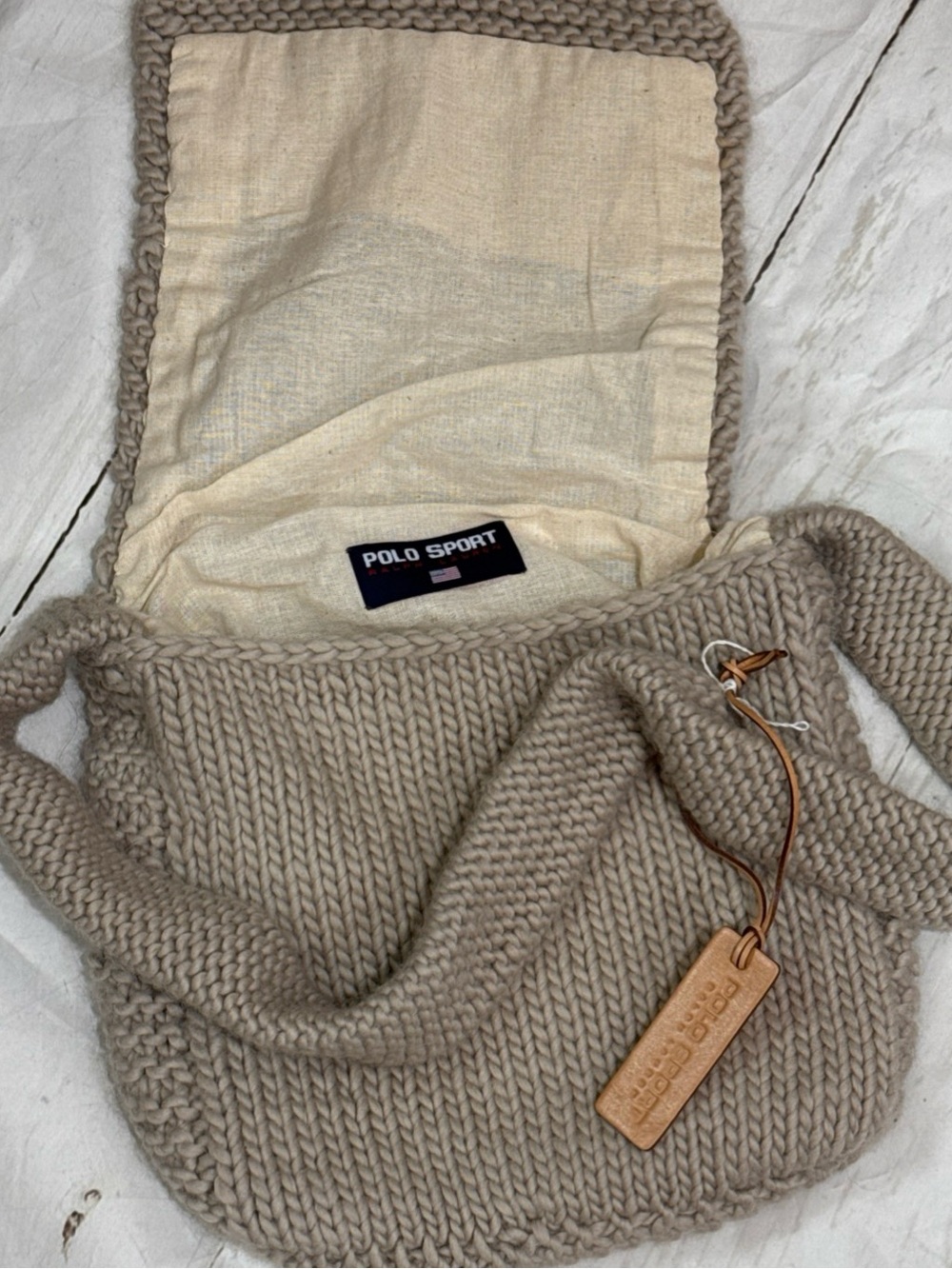 Vintage Polo Sport Ralph Lauren Gray Chunky Knit Wool Messenger Bag Leather Tag